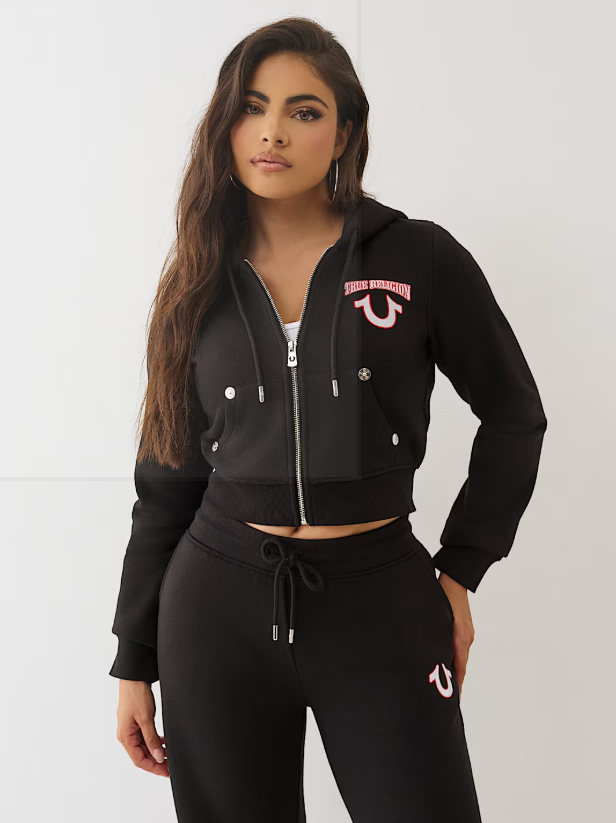 True Religion Embroidered Shrunken Zip Hoodie Black Red - TRESZHBRW